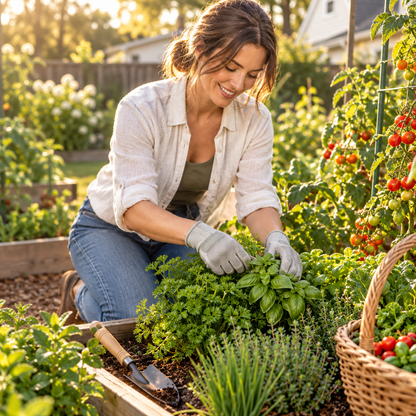 Woman harvesting vegetables wearing garden gloves