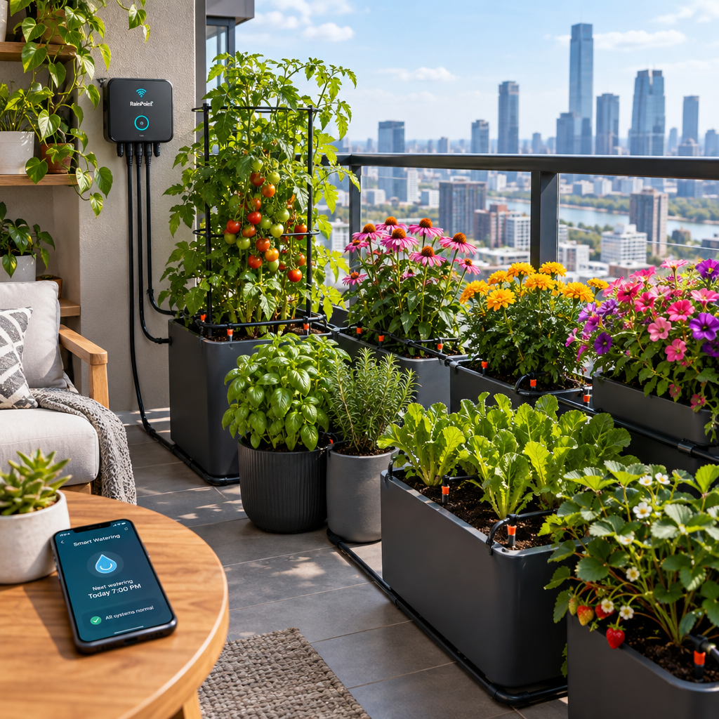 Balcony garden with automatic drip watering system