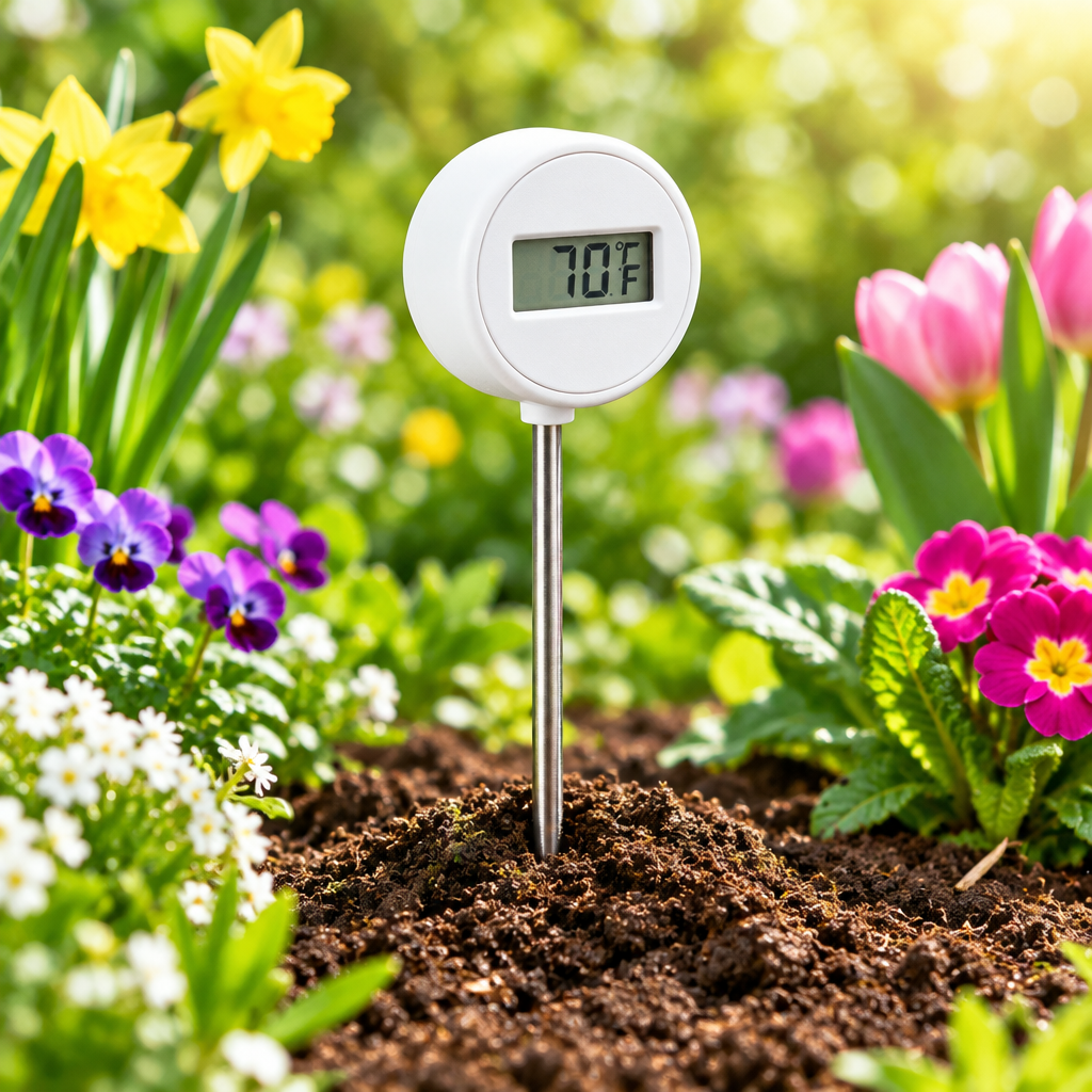 Soil thermometer in green garden lifestyle photo