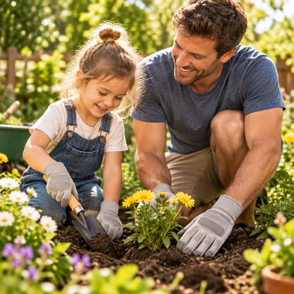 Father and child gardening together with gloves and trowel