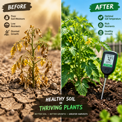Before and after plant growth with soil thermometer