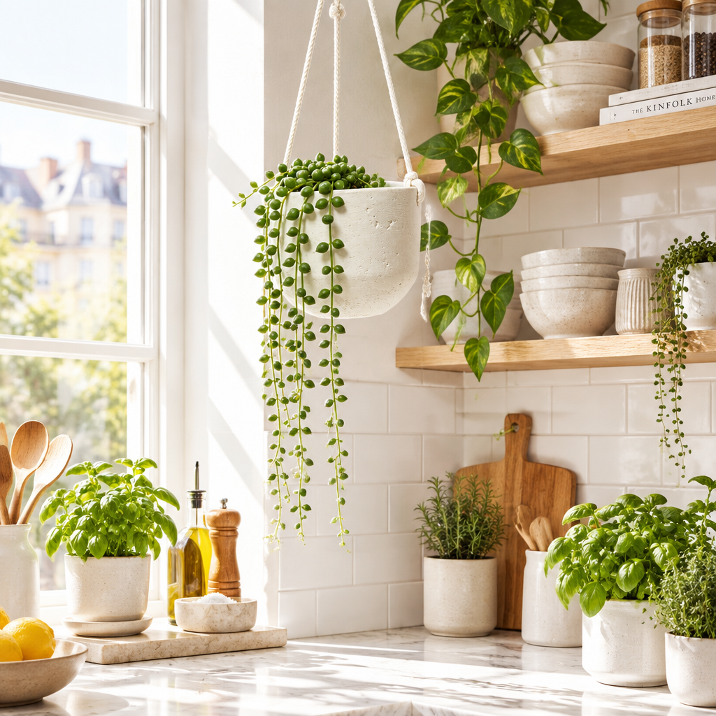 Hanging planter in bright sunny kitchen