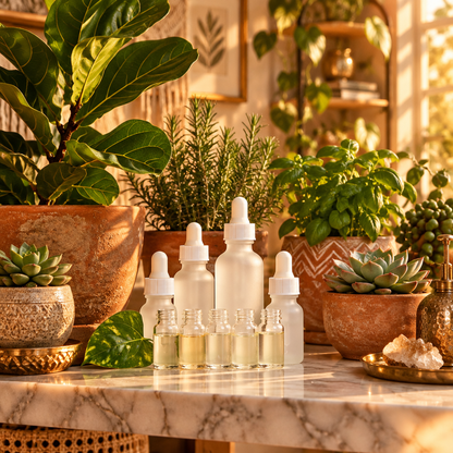 Plant serum bottles displayed on botanical shelf