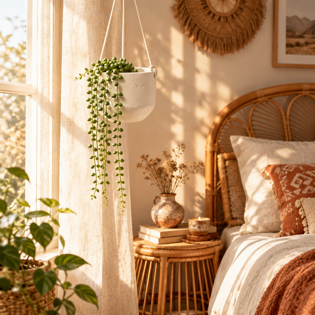 Hanging planter in cozy bohemian bedroom