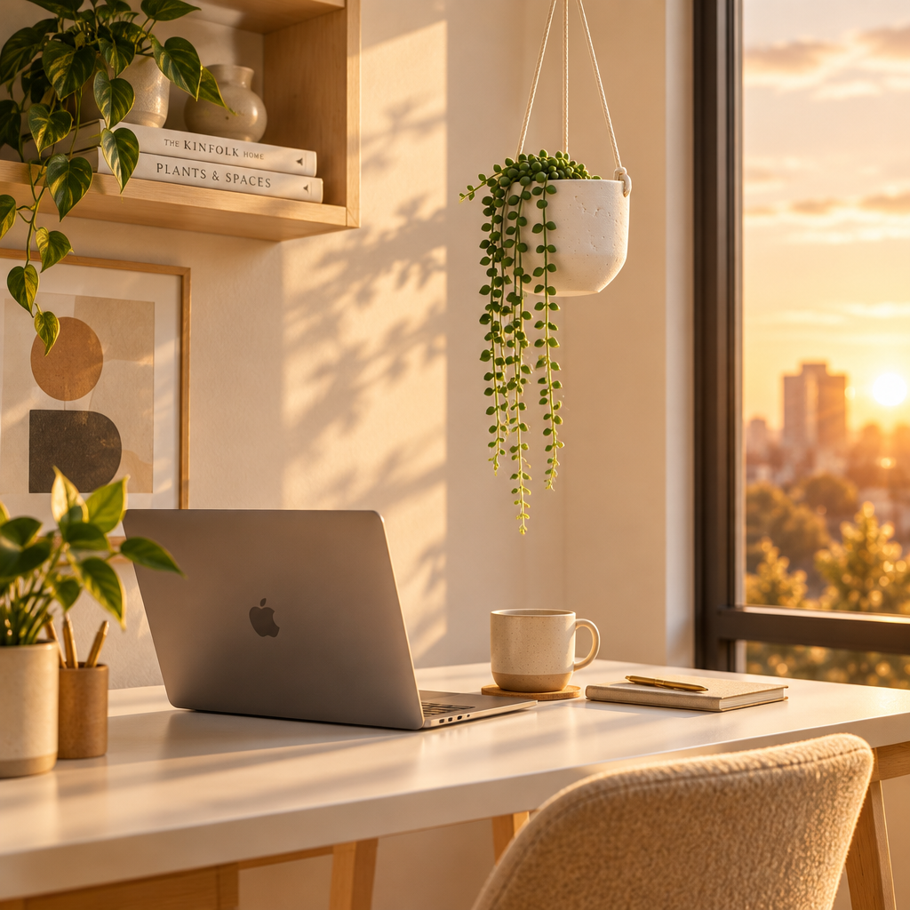 Ceramic planter in modern home office workspace