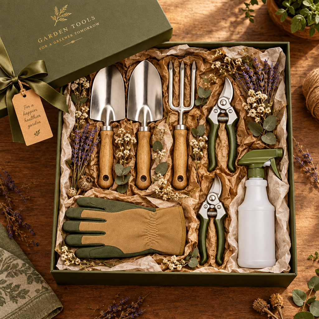 Luxury olive green gift box with complete 7-piece tool set