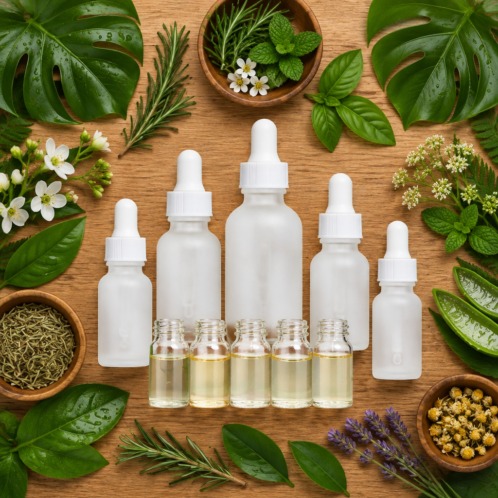 Full product set flat lay with botanical elements