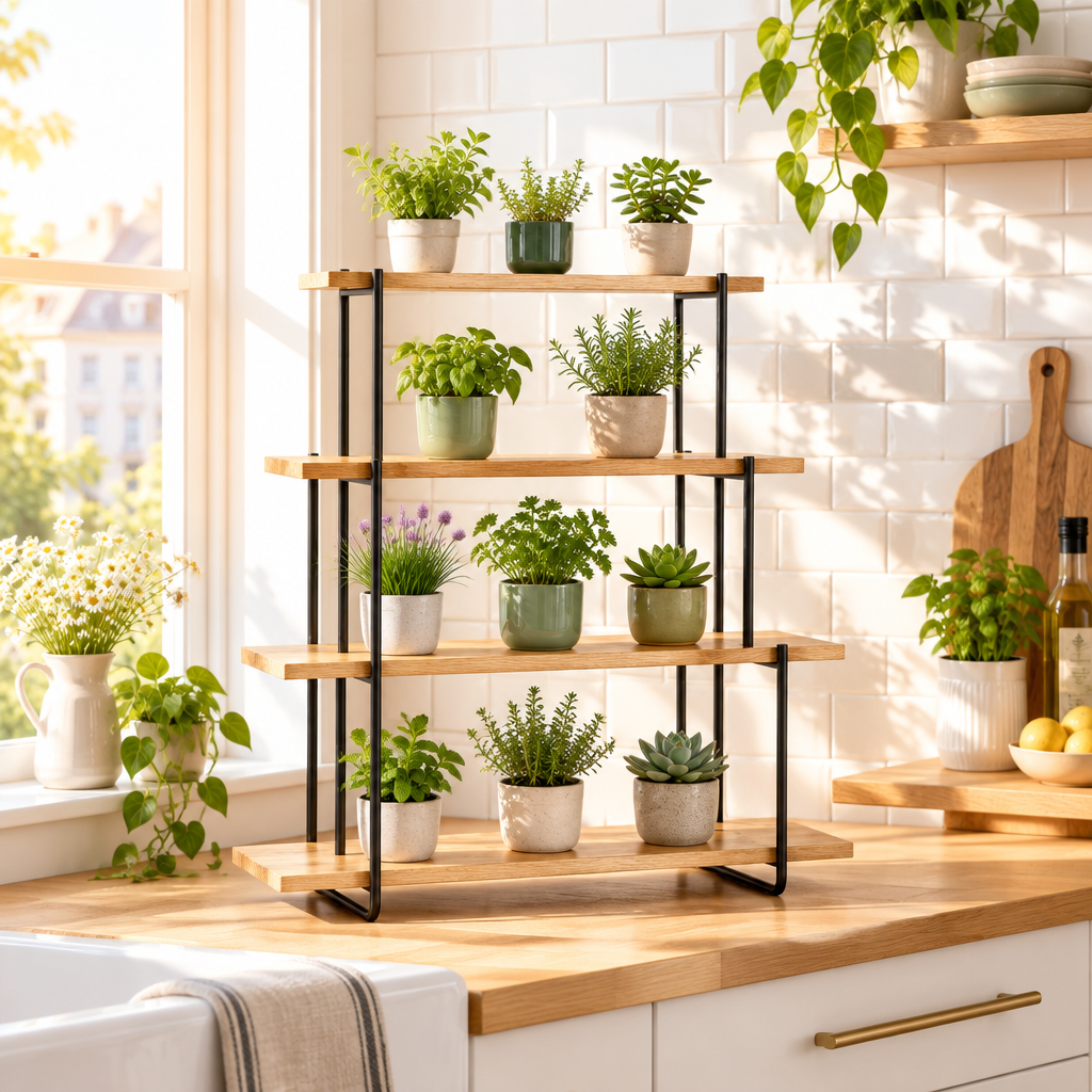Multi-tier plant stand near kitchen window with herbs