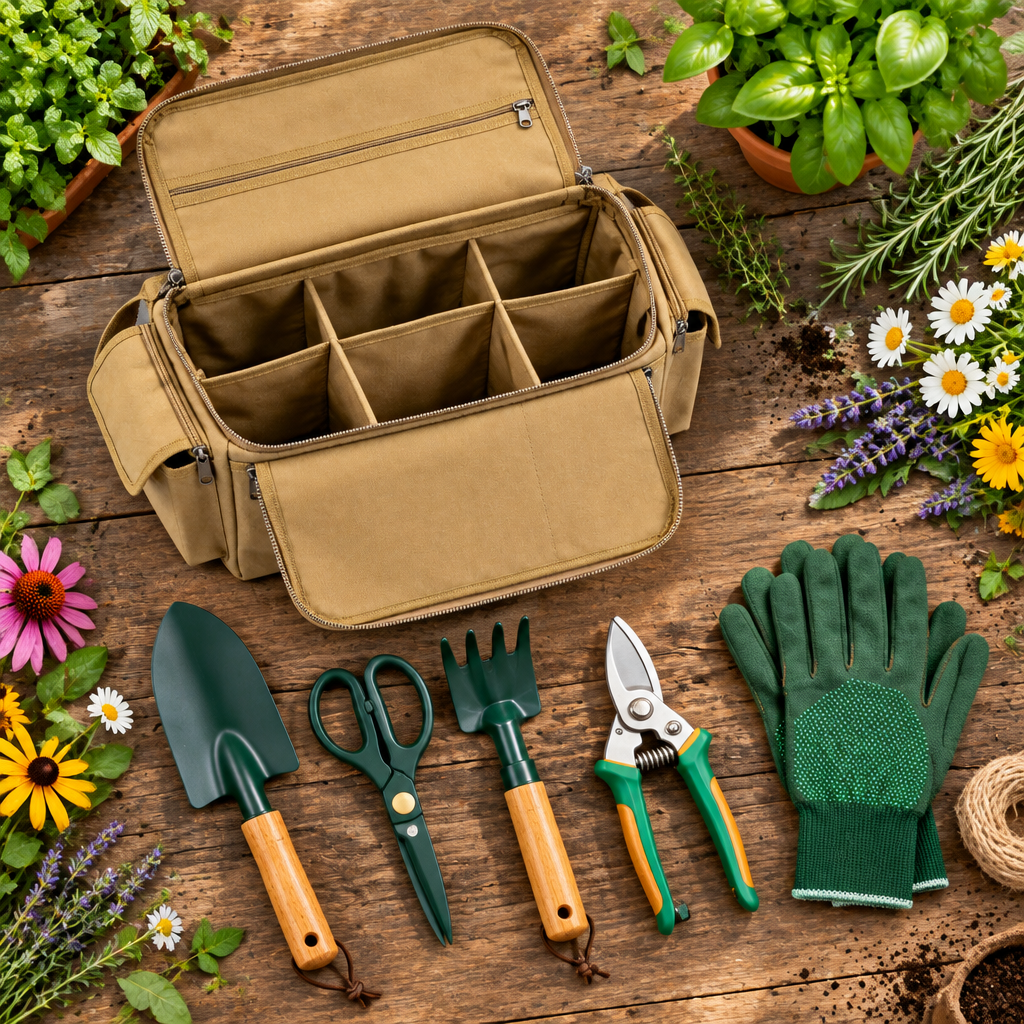 Garden tools flat lay on rustic wooden table